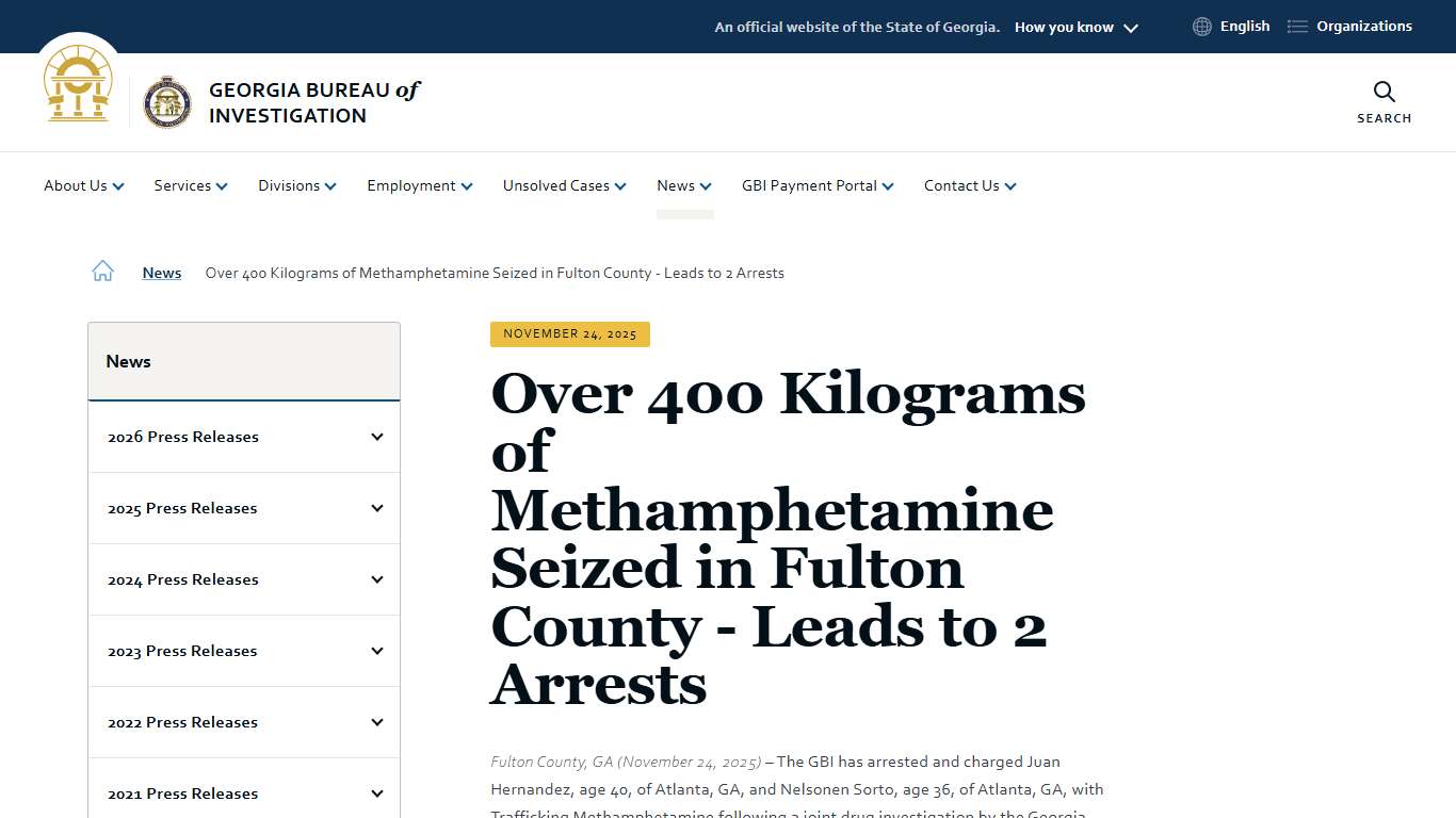 Over 400 Kilograms of Methamphetamine Seized in Fulton County - Leads to 2 Arrests | Georgia Bureau of Investigation